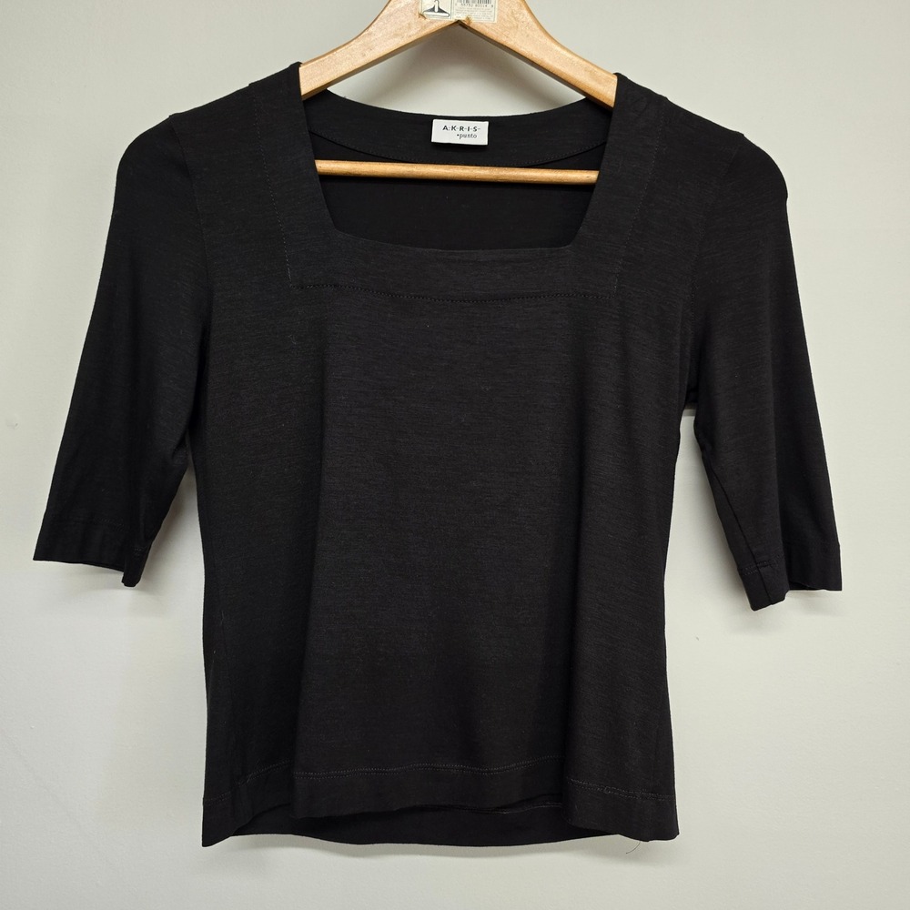 Akris Punto Square Neck Top Womens 8 Black Elbow Sleeve Minimalist Old Money